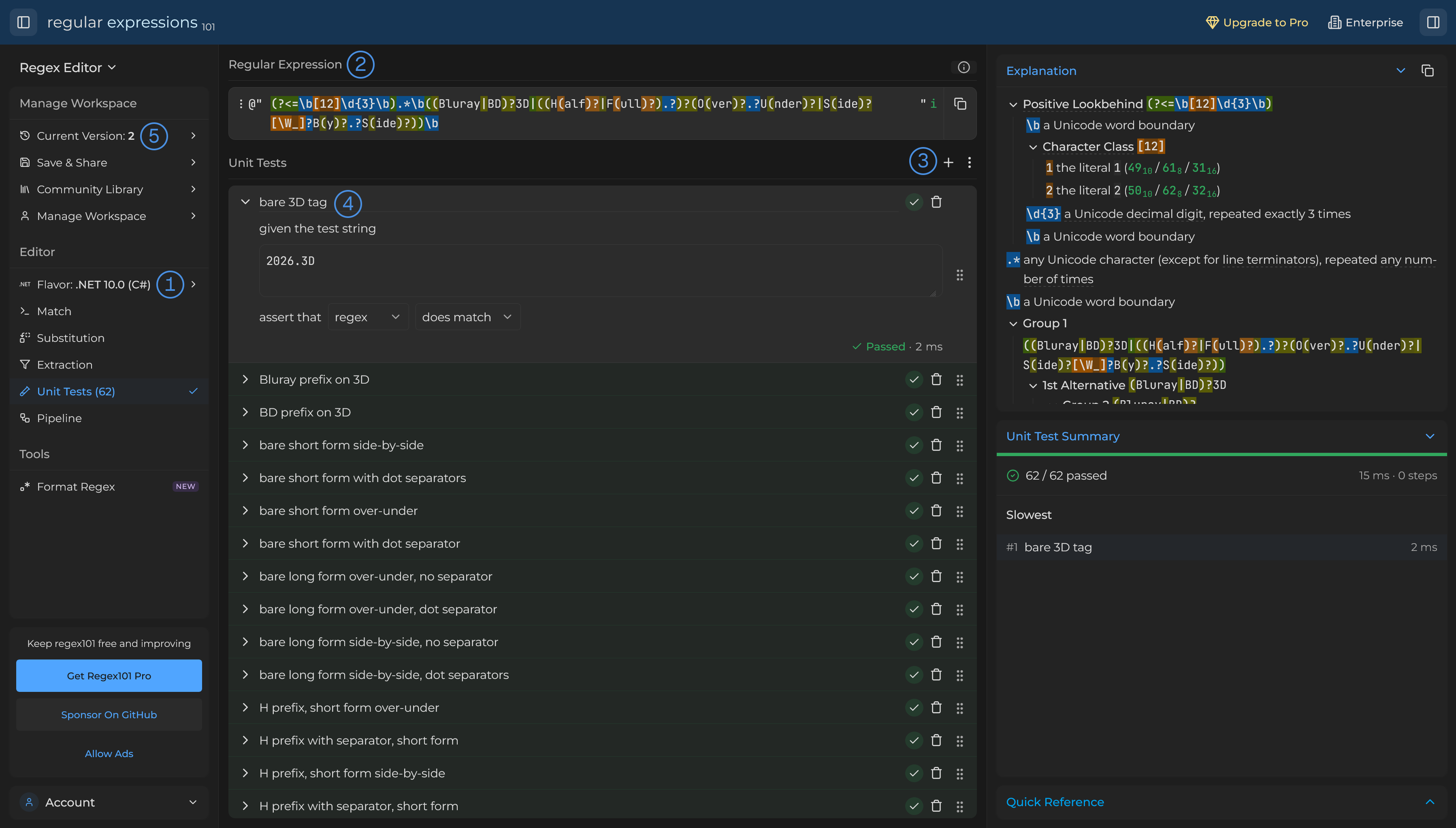 A regex101 entry for a 3D release pattern, with five numbered labels: the .NET flavor in the sidebar, the Regular Expression box, the add button beside Unit Tests, the first test expanded to show its description, the test string 2026.3D, and an assertion that the regex does match, and the current version in the sidebar.